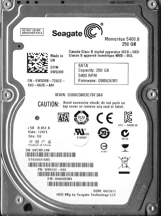 Seagate ST9250315AS 250GB Sata Hard Drive P/N: 9HH132-036 F/W: D005DEM1  6VC