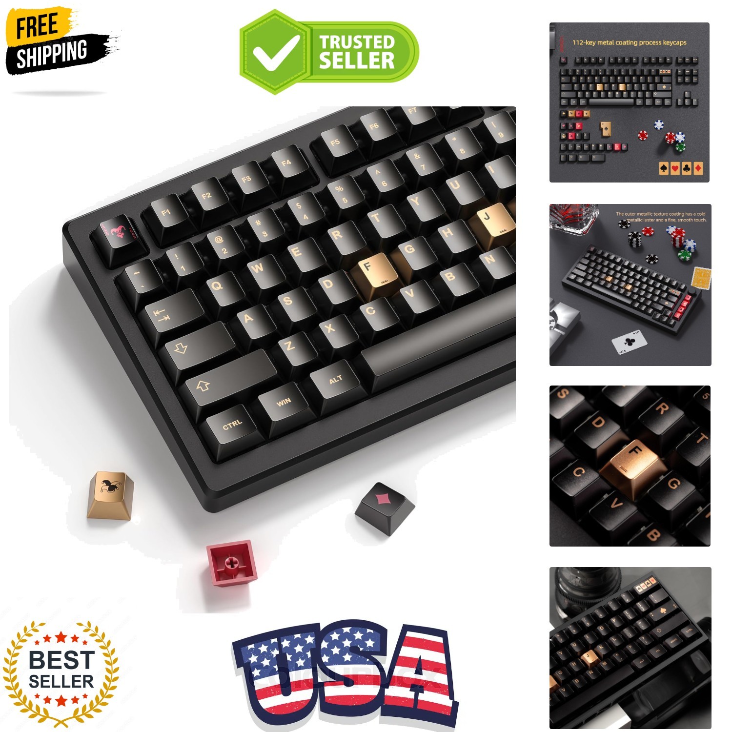PBT Keycaps with Metal Paint & Poker Theme,112-Key Black/Gold/Red Custom Keyc...