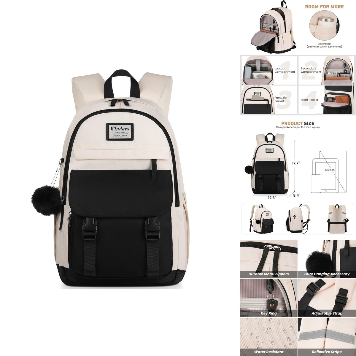 WINDARS School Backpack Teen Girls Women 15.6 Laptop Bag Black Beige