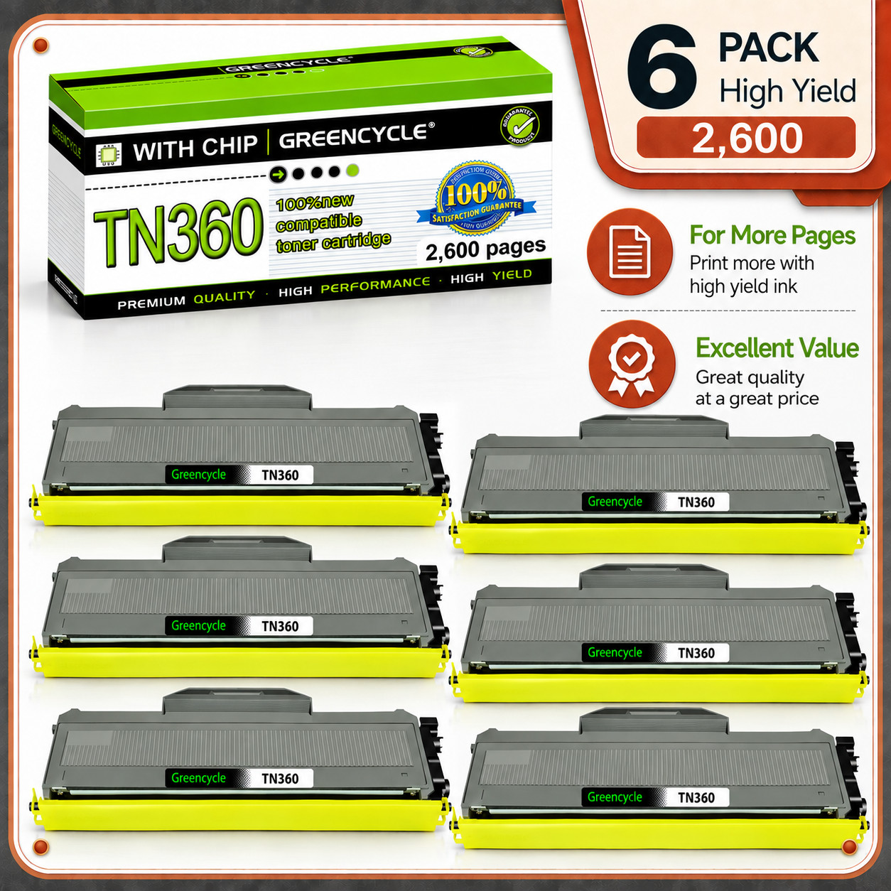 6PK TN360 TN330 Toner Cartridge For Brother HL-2170W MFC-7320R MFC-7345N Printer