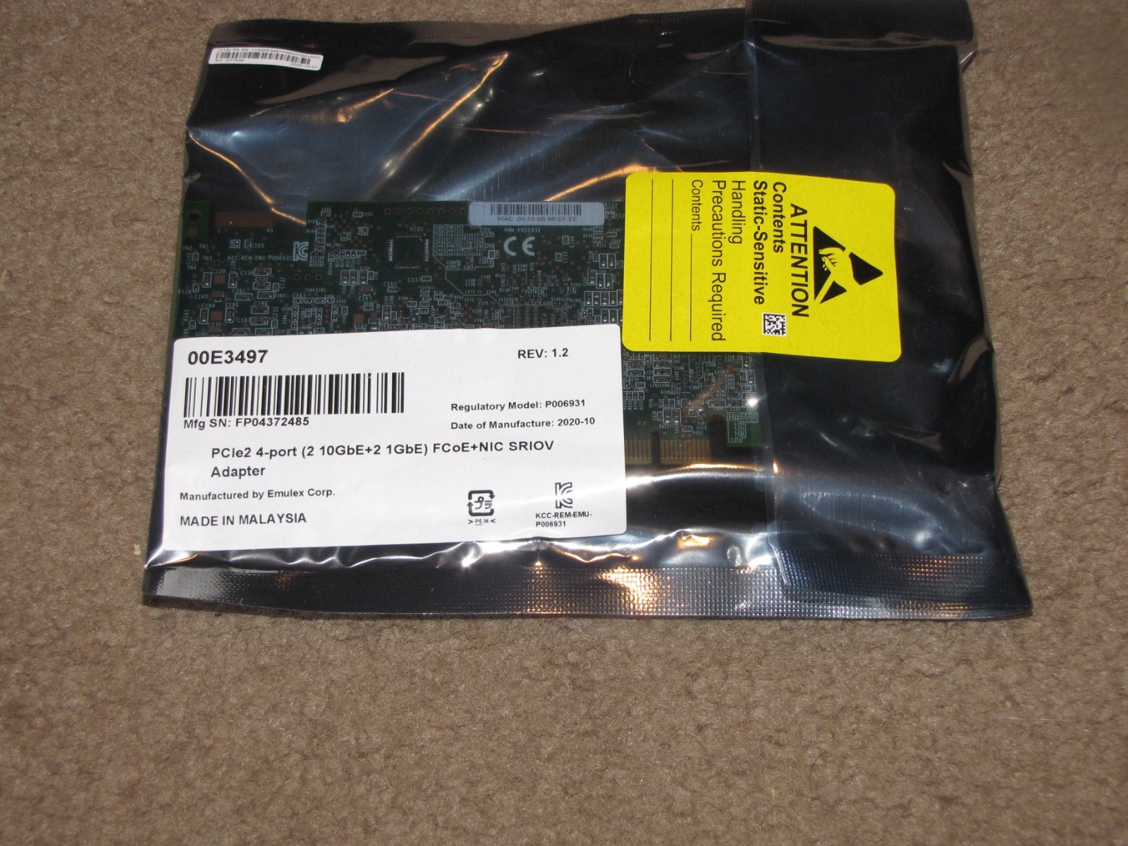 Emulex Corp PCIe2 4-port (2 10GbE+2 1GbE) FCoE+NIC SRIOV Adapter P006931-00E3497