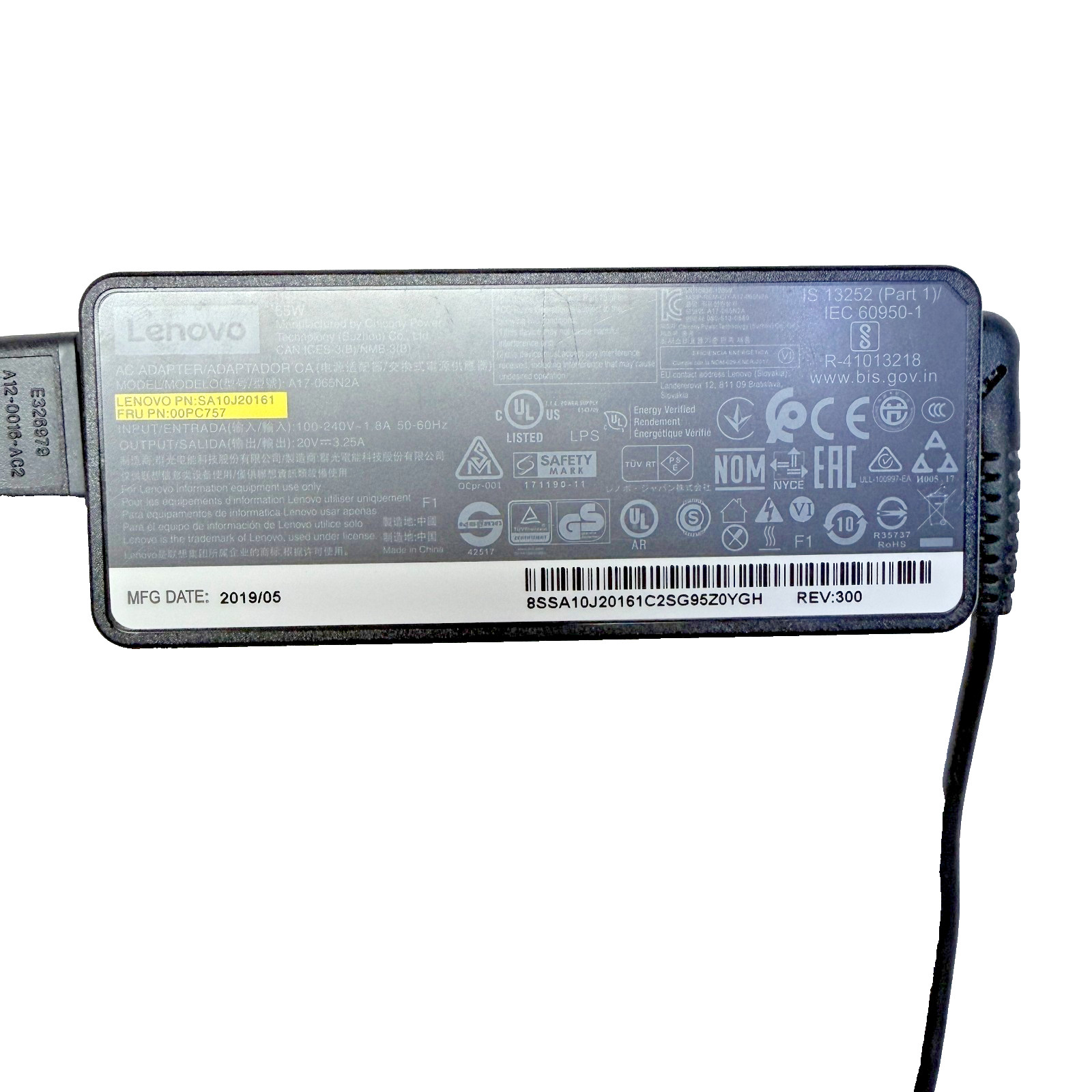 Lenovo 65W AC Power Adapter Charger 20V 3.25A Square Slim Tip SA10J20161 00PC757