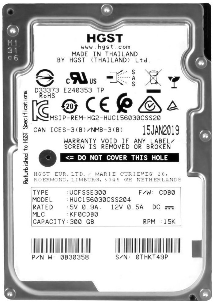 HGST ULTRASTAR C15K600 HUC156030CSS204 300GB 15000RPM 128MB SAS-3 2.5'' inch
