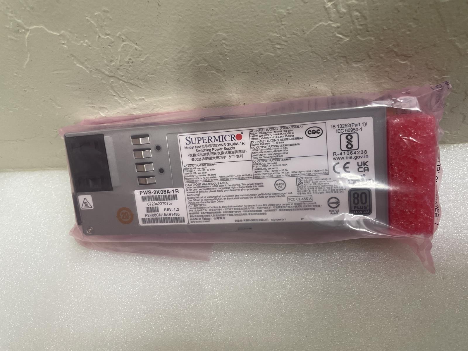 SUPERMICRO PWS-2K08A-1R 2000W SWITCHING POWER SUPPLY, 80 PLUS TITANIUM