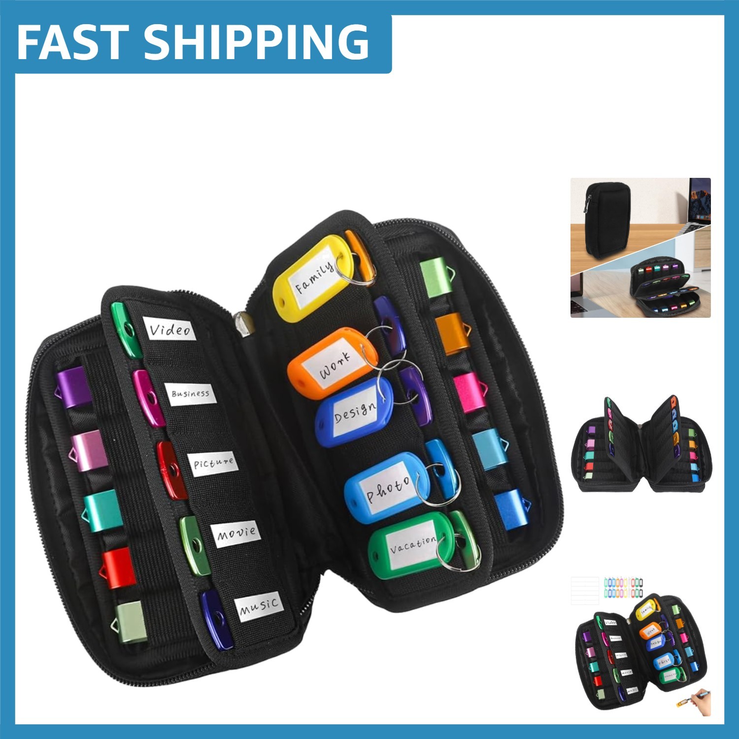 Compact Black USB Storage Case - 20 Elastic Slots & 20 Durable Key Tags