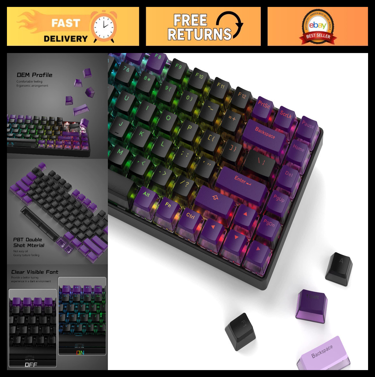 Custom PBT Shine Through Keycaps Set - 165 Keys for 60% 65% 75% 100% MX Switches
