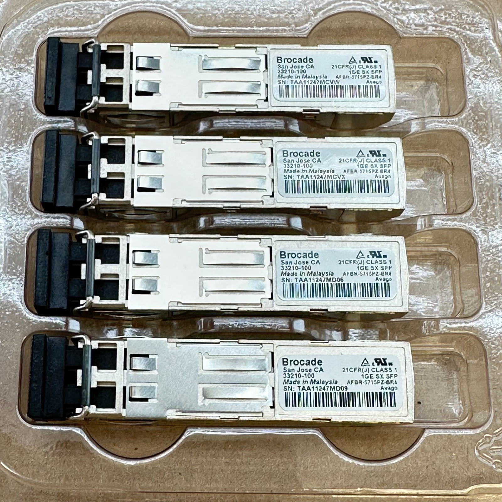 4x Brocade 33210-100 Avago AFBR-5715PZ-BR4 1000Base-SX SFP Transceivers Open Box