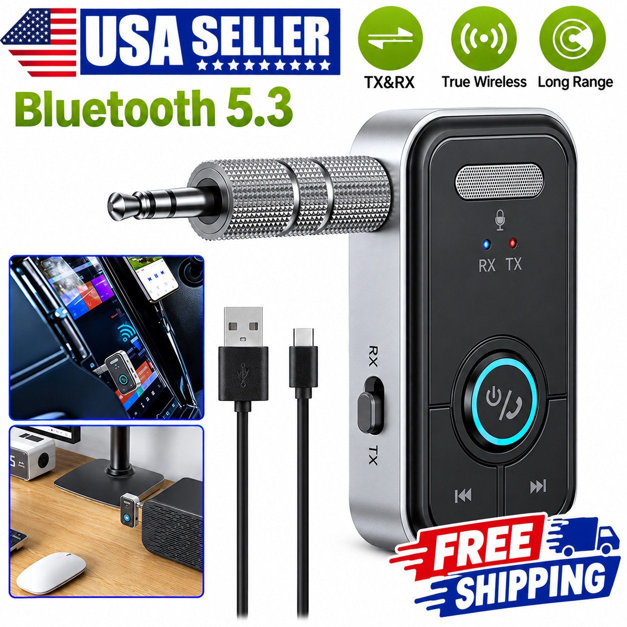 Wireless Bluetooth 5.3 Transmitter Receiver 2-in-1 Adapter Audio 3.5mm Jack Aux