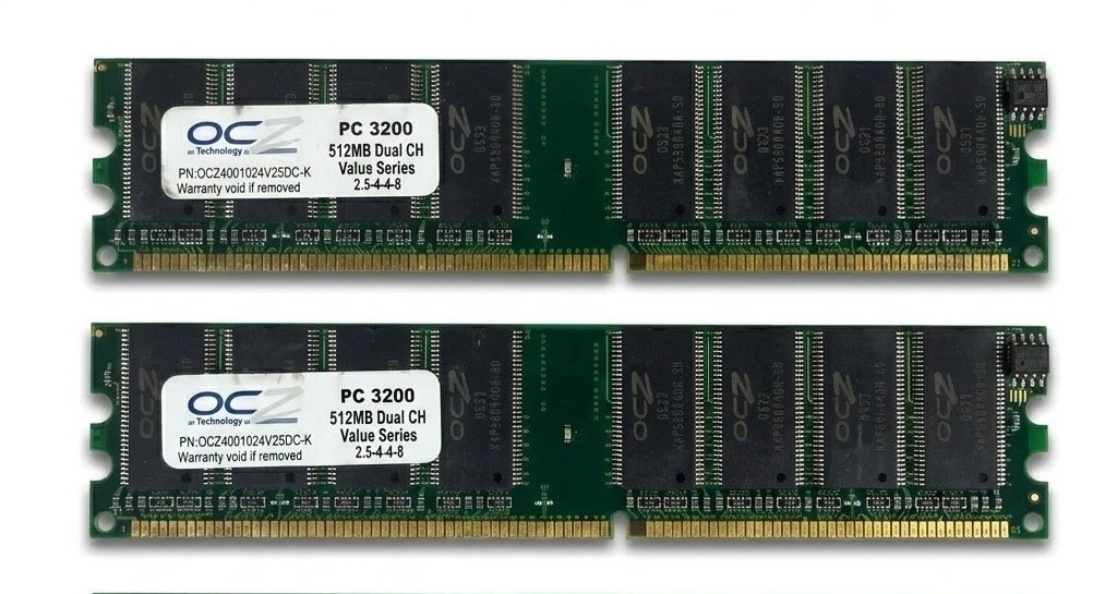 1GB  OCZ4001024V25DC-K, PC3200 DDR-400, 2x 512MB, non-ECC, RAM modules