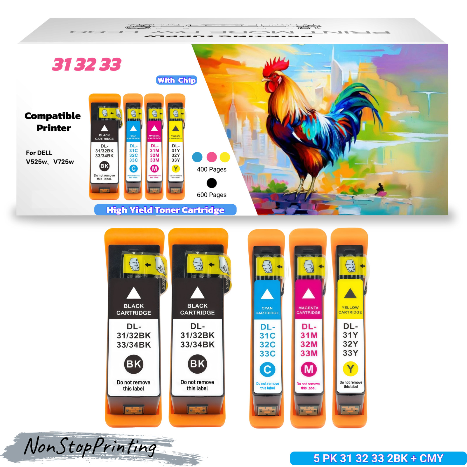 5PK Compatible Dell 31 32 33 Ink Cartridge 2BK+CMY for V525w V725 600/400 Pages