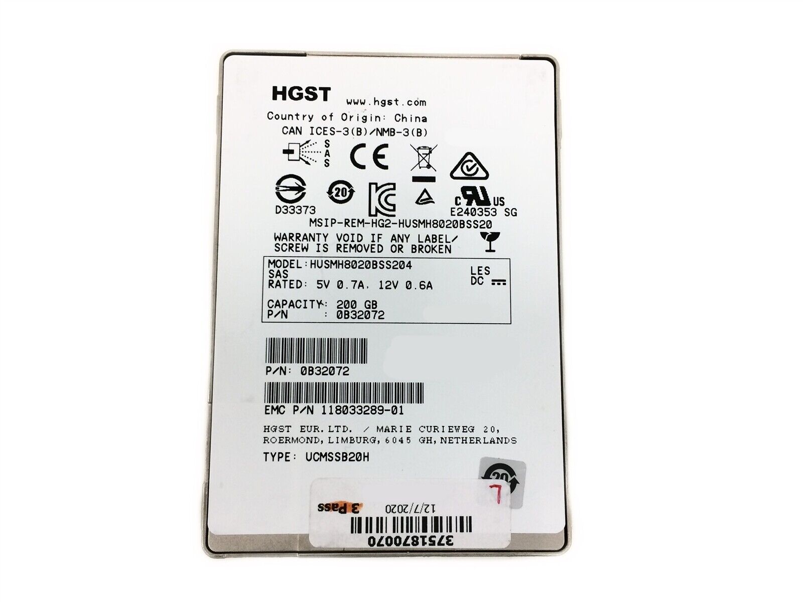 HGST Ultrastar SSD 200GB SSD SAS 12Gbps SSD800MH.B HUSMH8020BSS204 0B32072