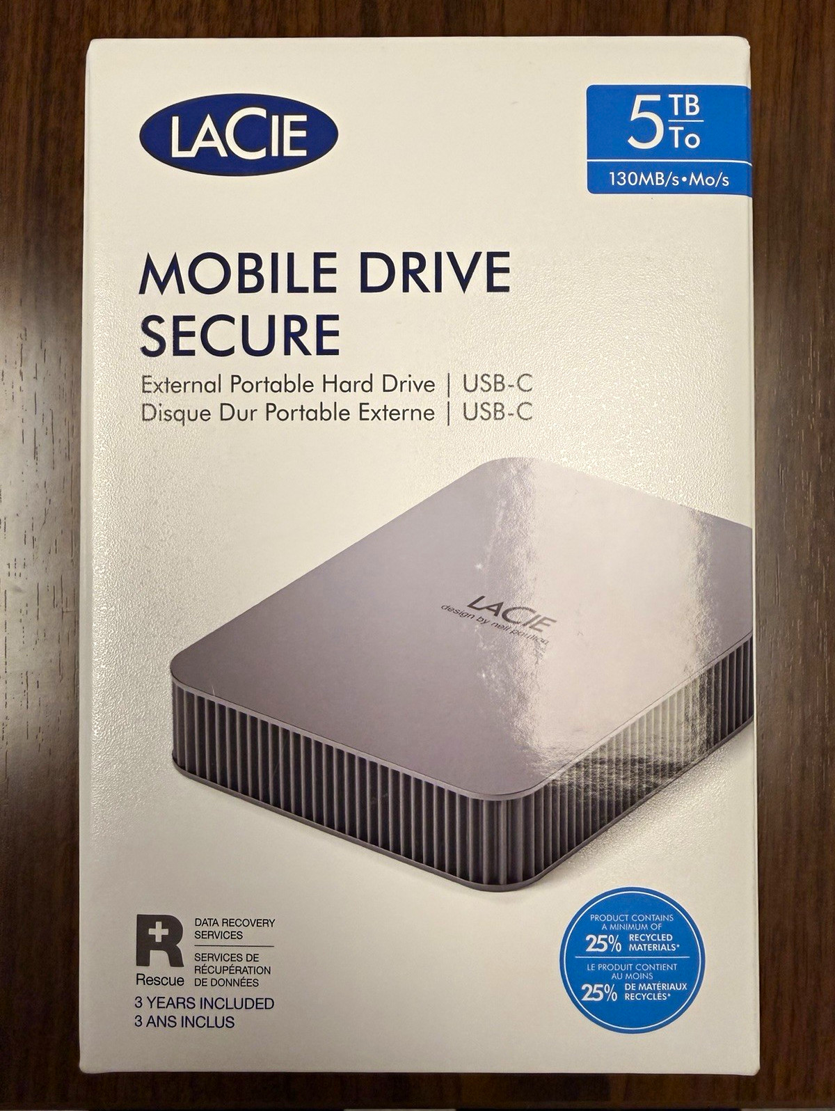 LaCie Mobile Drive Secure 5TB USB-C External HDD, Encryption, Silver