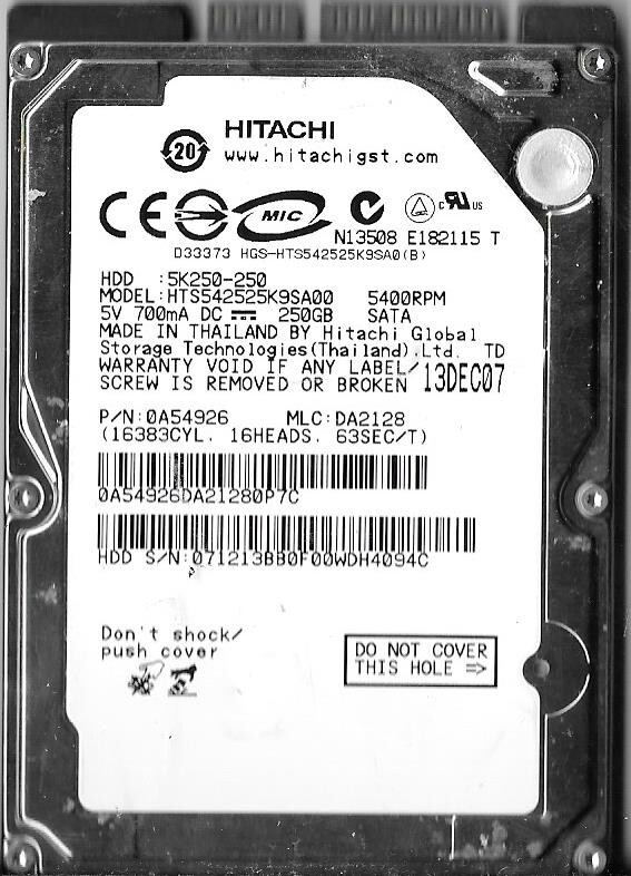 Hitachi HTS542525K9SA00 250GB Sata Hard Drive P/N: 0A54926  MLC: DA2128
