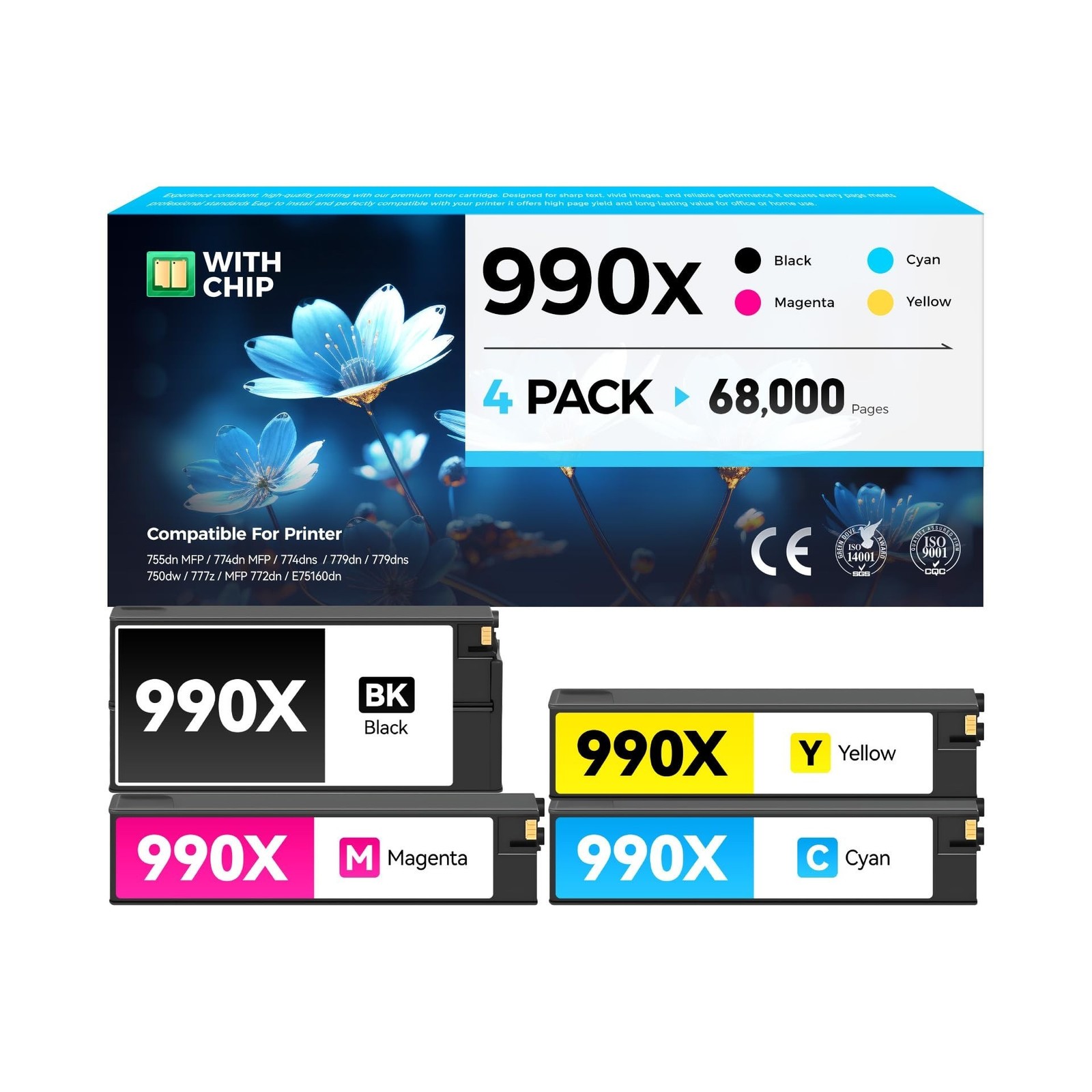 990X Ink Cartridges set 4-Pack High Yield Replacement for HP 990 990X Ink Com...