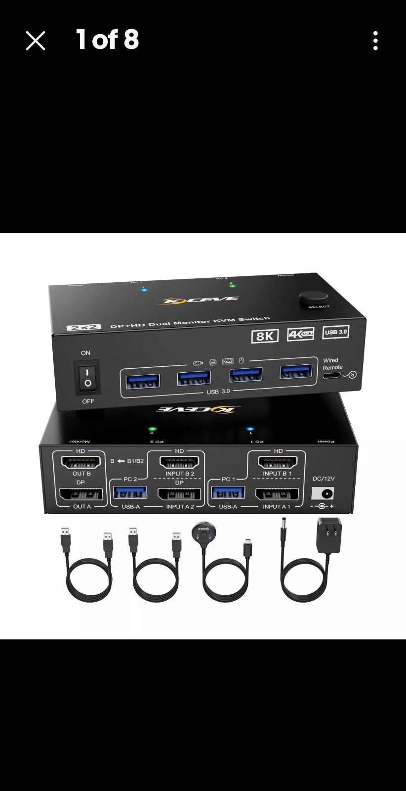 8K HDMI KVM Switch 2 Monitors 2 Computers 8K@60Hz 4K@144Hz, MLEEDA USB 3.0 Du...