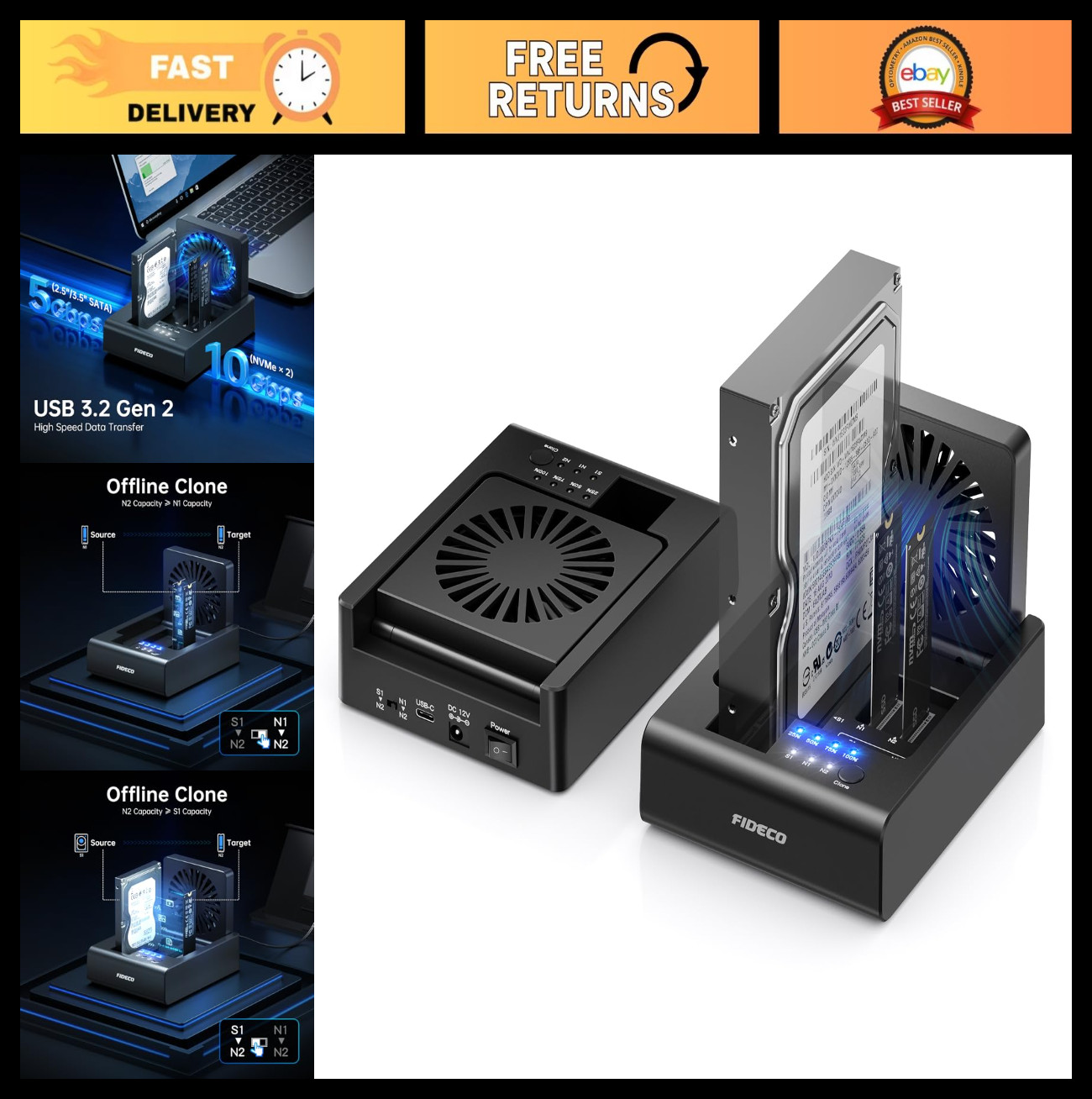 M.2 NVMe SSD Cloner Dock, 3-Bay Hard Drive Duplicator, Tool-Free, Cooling Fan