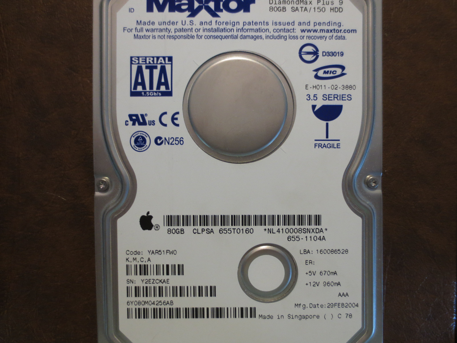 Maxtor 6Y080M0 Code:YAR51FW0 (K,M,C,A) Apple#655-1104A 80gb 3.5" Sata HDD