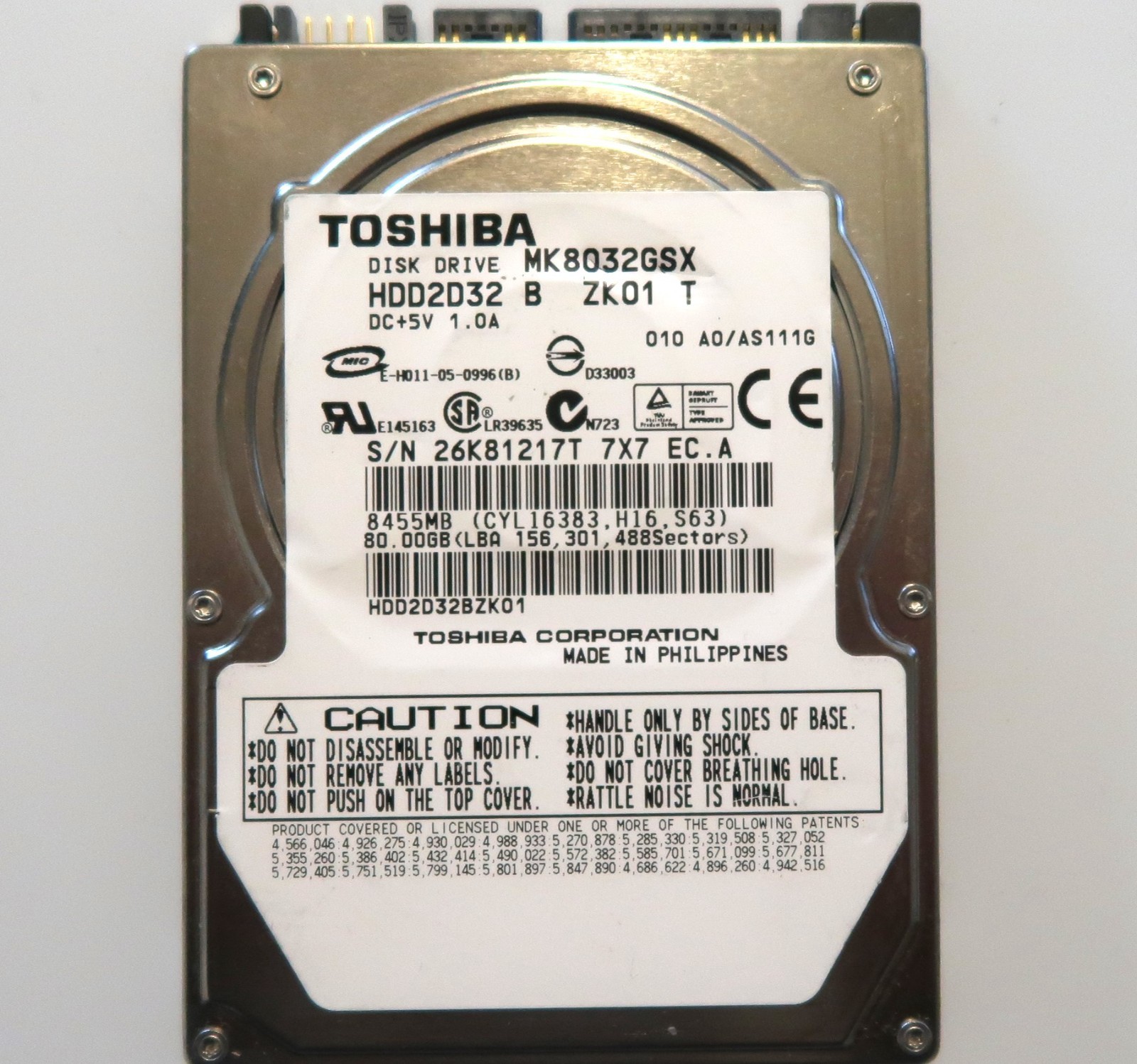 Toshiba MK8032GSX (HDD2D32 B ZK01 T) 010 A0/AS111G Philippine 80gb 2.5" Sata HDD