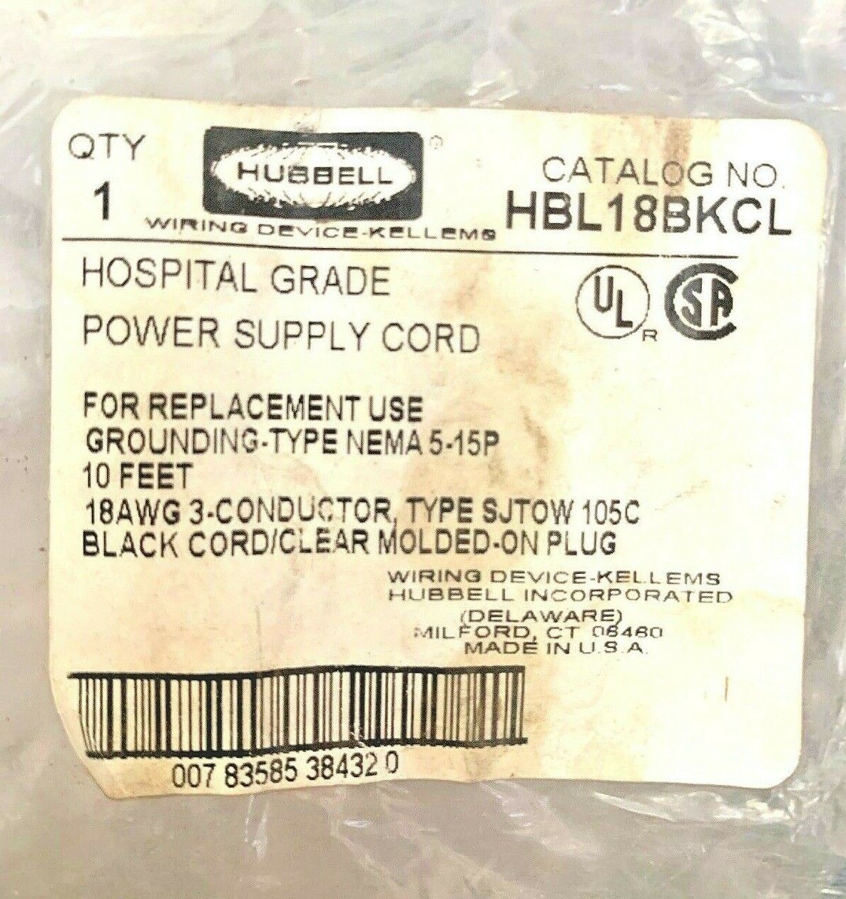 Hubbell Power Supply Cord Hospital Grade HBL18BKCL Qty 3