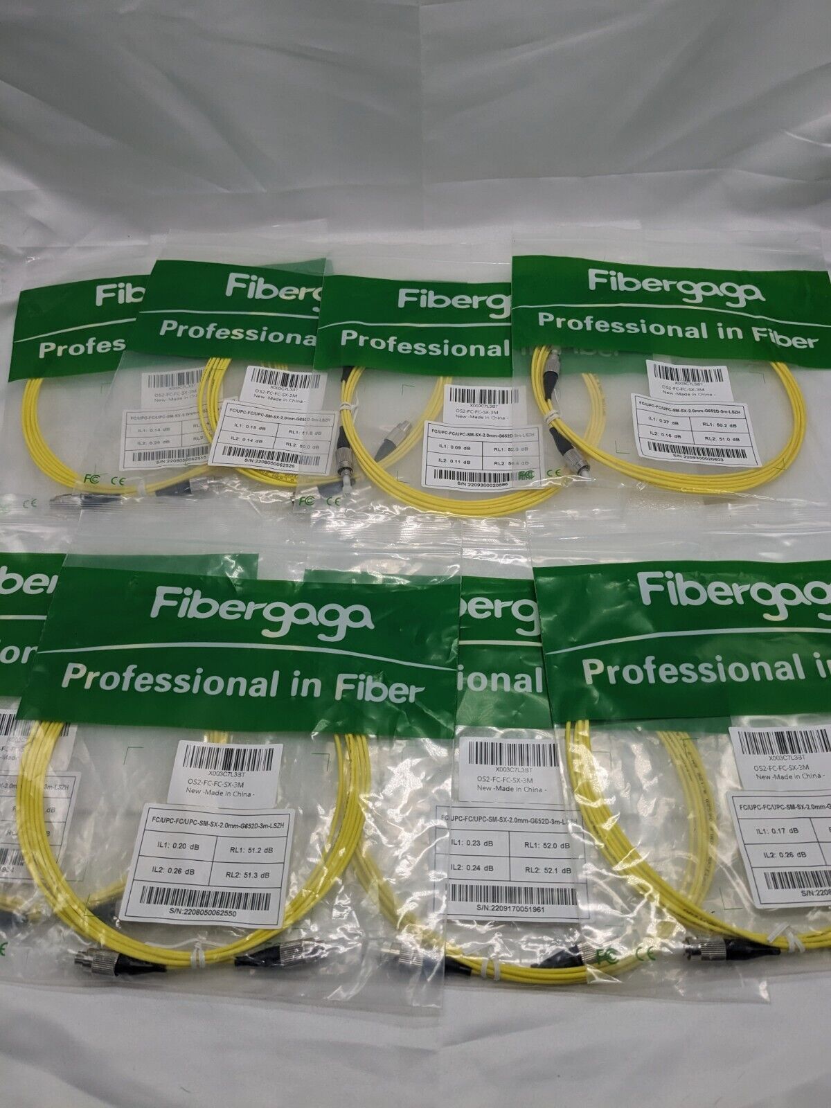 LOT OF 8 Fibergaga-3m(10ft) OS2 FC/UPC to FC/UPC Fiber Patch Cable Single Mode 