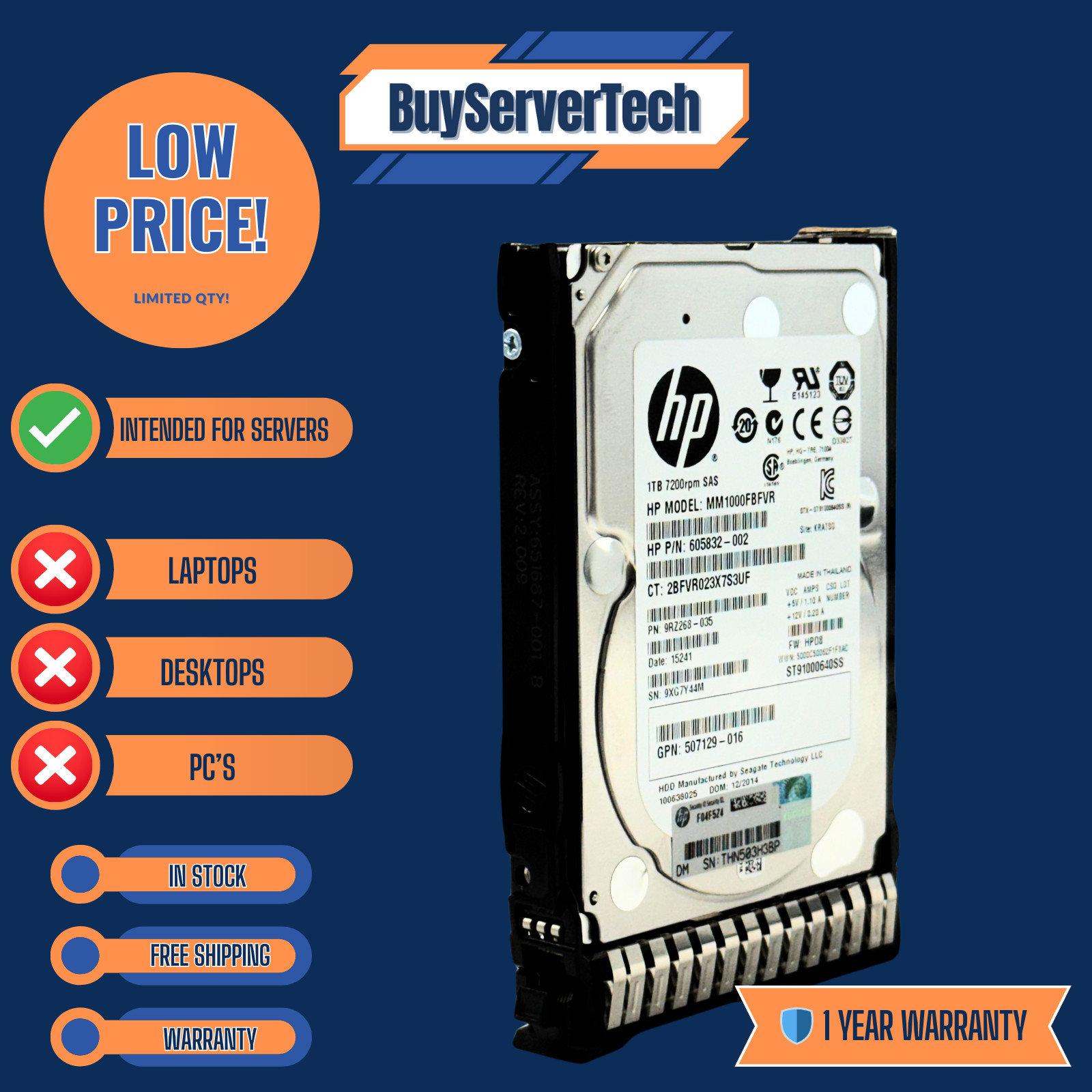 HP 605835-B21 606020-001 1TB 7.2K RPM SAS 6Gb/s 2.5" HDD | Server Use Only | 1YR