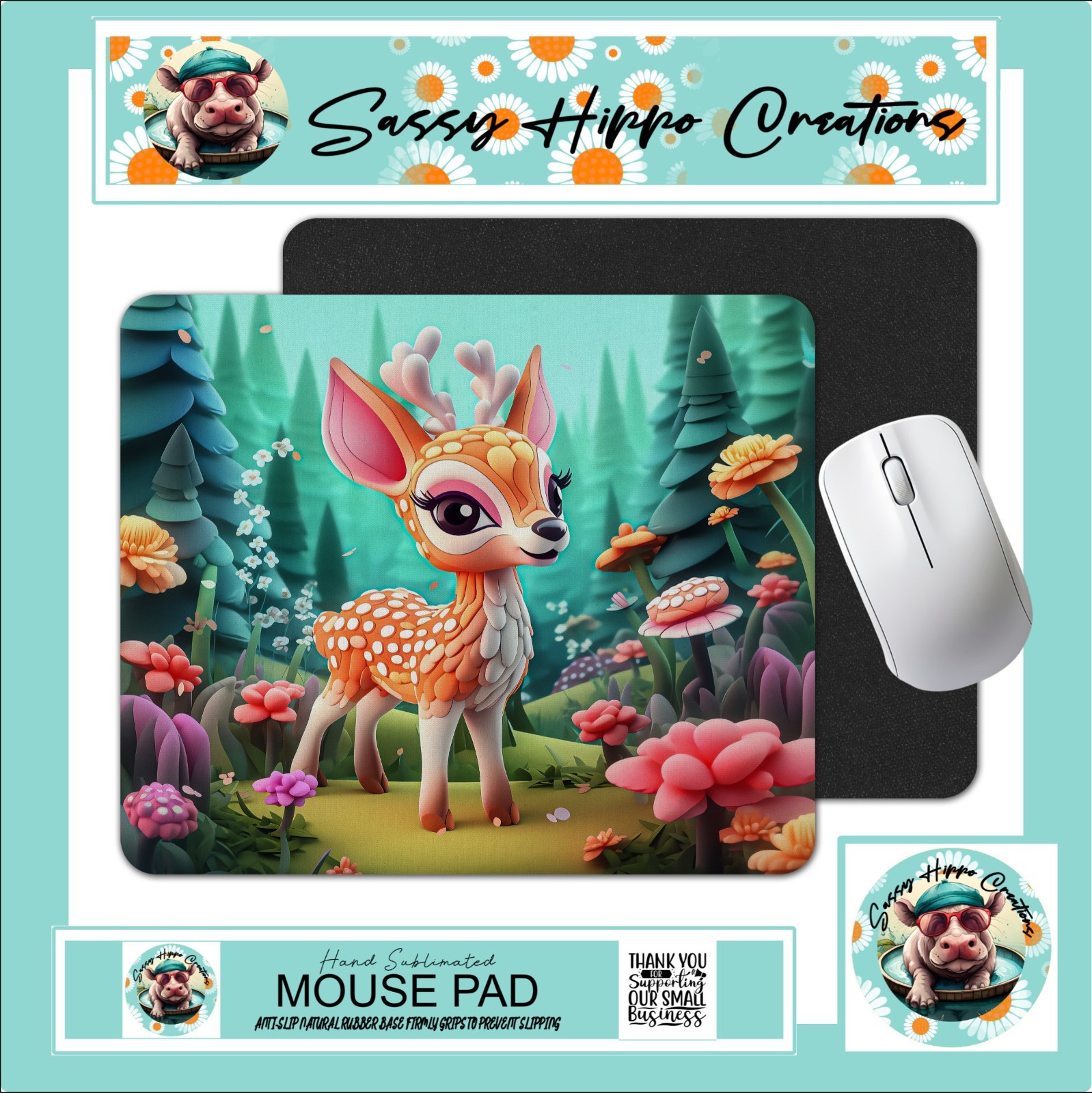 Mouse Pad Adorable Deer in Forest Flowers Anti Slip Back Easy Clean Sublimated