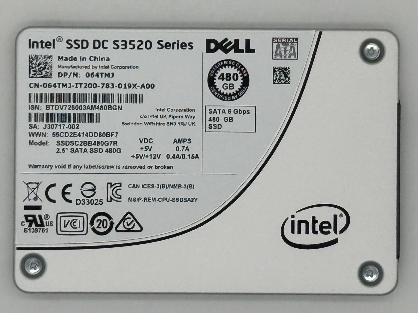 Intel S3520 480GB SSDSC2BB480G7 SSD DOD 3-Phase Erase