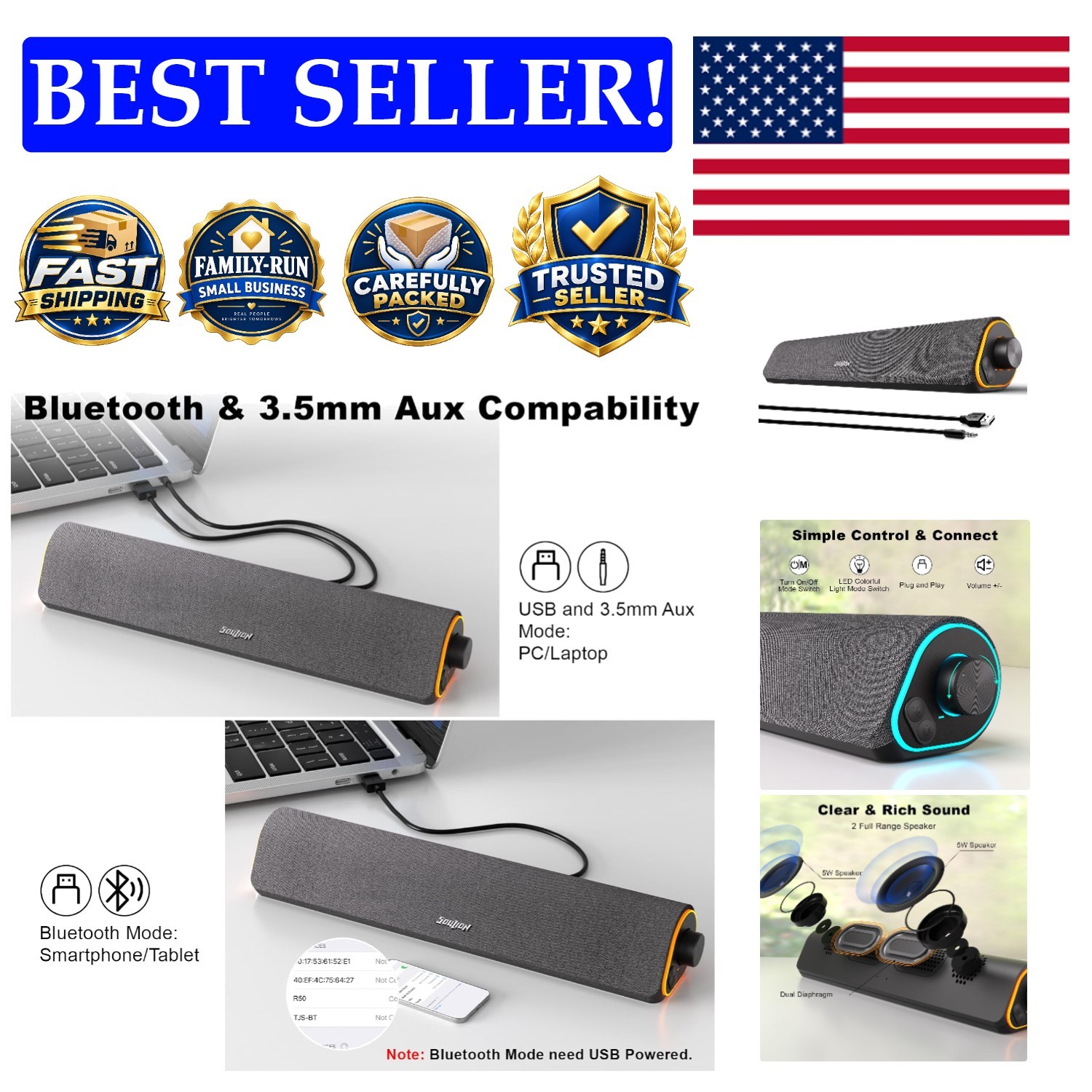 Sleek R50 Computer Soundbar: RGB LED Lighting & Dual Connectivity Options