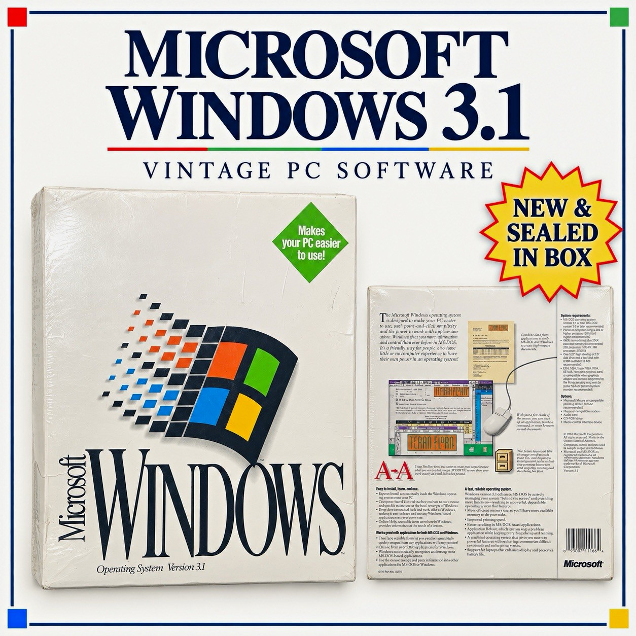 Microsoft Windows 3.1 Retail 3.5" Floppy, DOS, English, 1-Device X03-67164