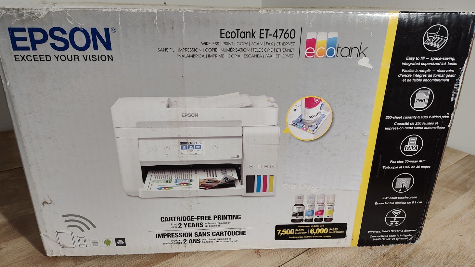 Brand New In Box EPSON EcoTank Wireless Printer Copier Scanner ET-4760 Very Nice