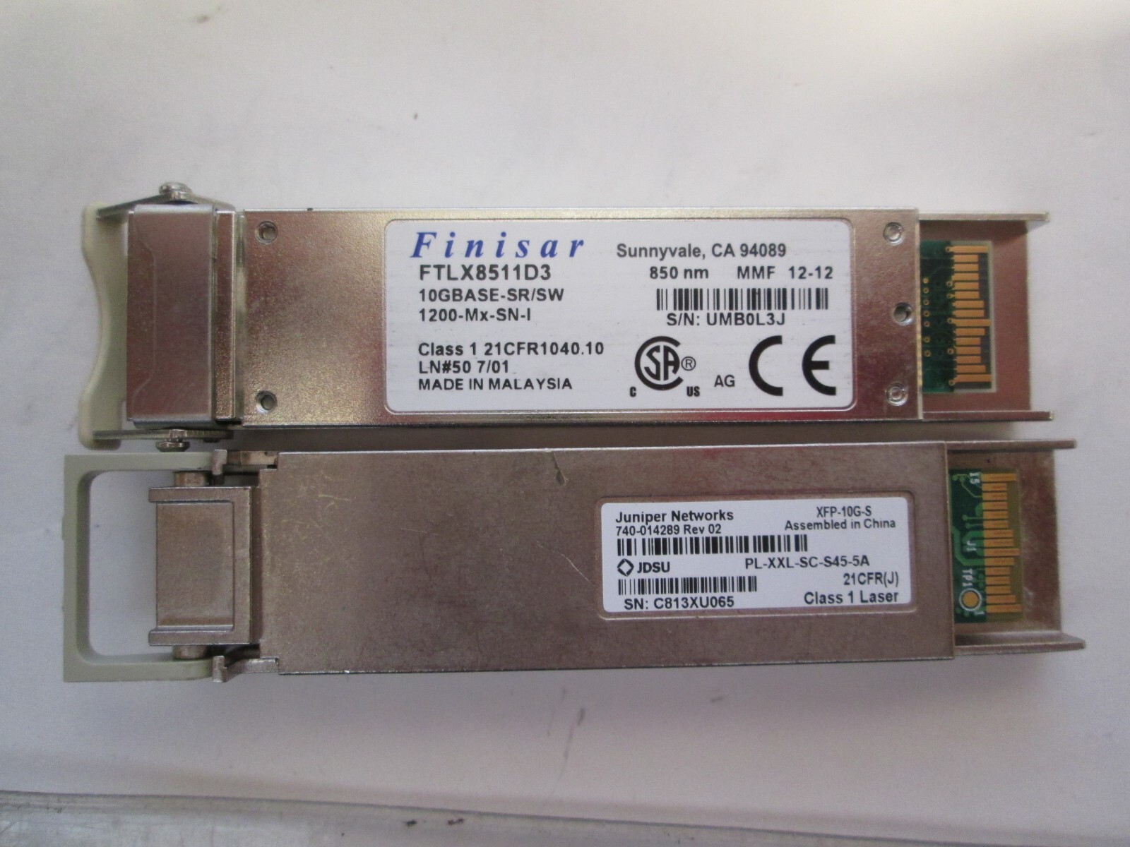 Lot of 2 Finisar and Juniper Transceivers FTLX8511D3-10GBASE+SR/SW 1200-Mx-SN-1
