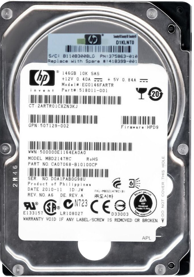 HARD DRIVE HP EG0146FARTR 518011-001 146GB 10000RPM 16MB CACHE SAS-2 2.5" inch