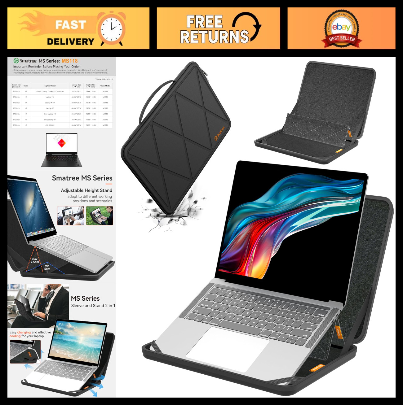 Hard EVA Protective Sleeve Case with Stand for 17.3" Laptops - Anti-Shock, Water