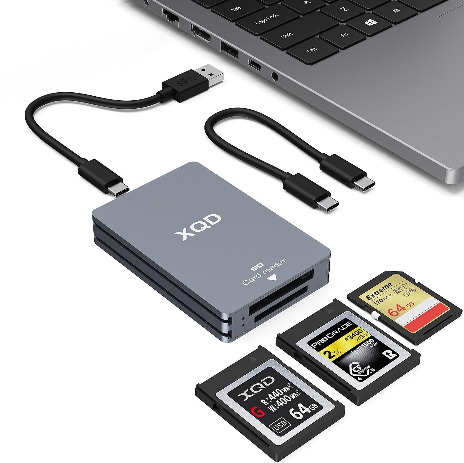 Type B/XQD/SD Card Reader 10Gbps with USB Type-A and Type-C Cables