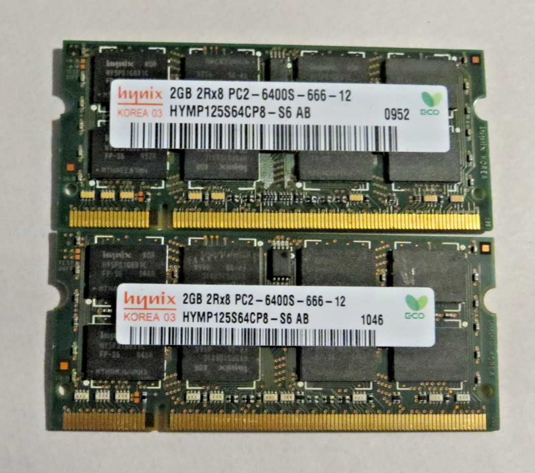 4GB Kit 2x2GB DDR2 800MHz Laptop RAM Hynix HYMP125S64CP8-S6 AB Rev Pair