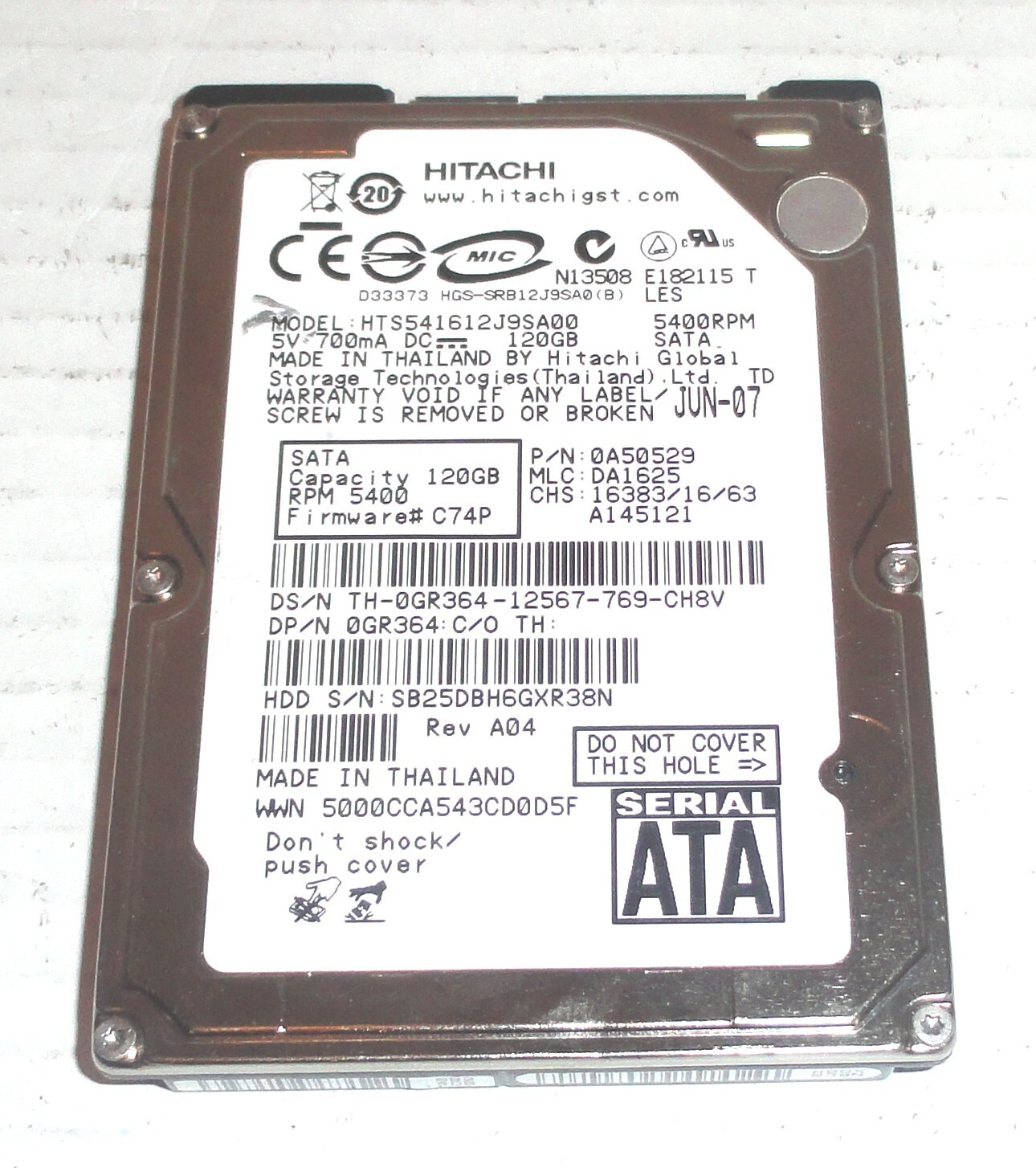 Hitachi HTS541612J9SA00 120GB Sata Hard Drive P/N: 0A50529  MLC: DA1625