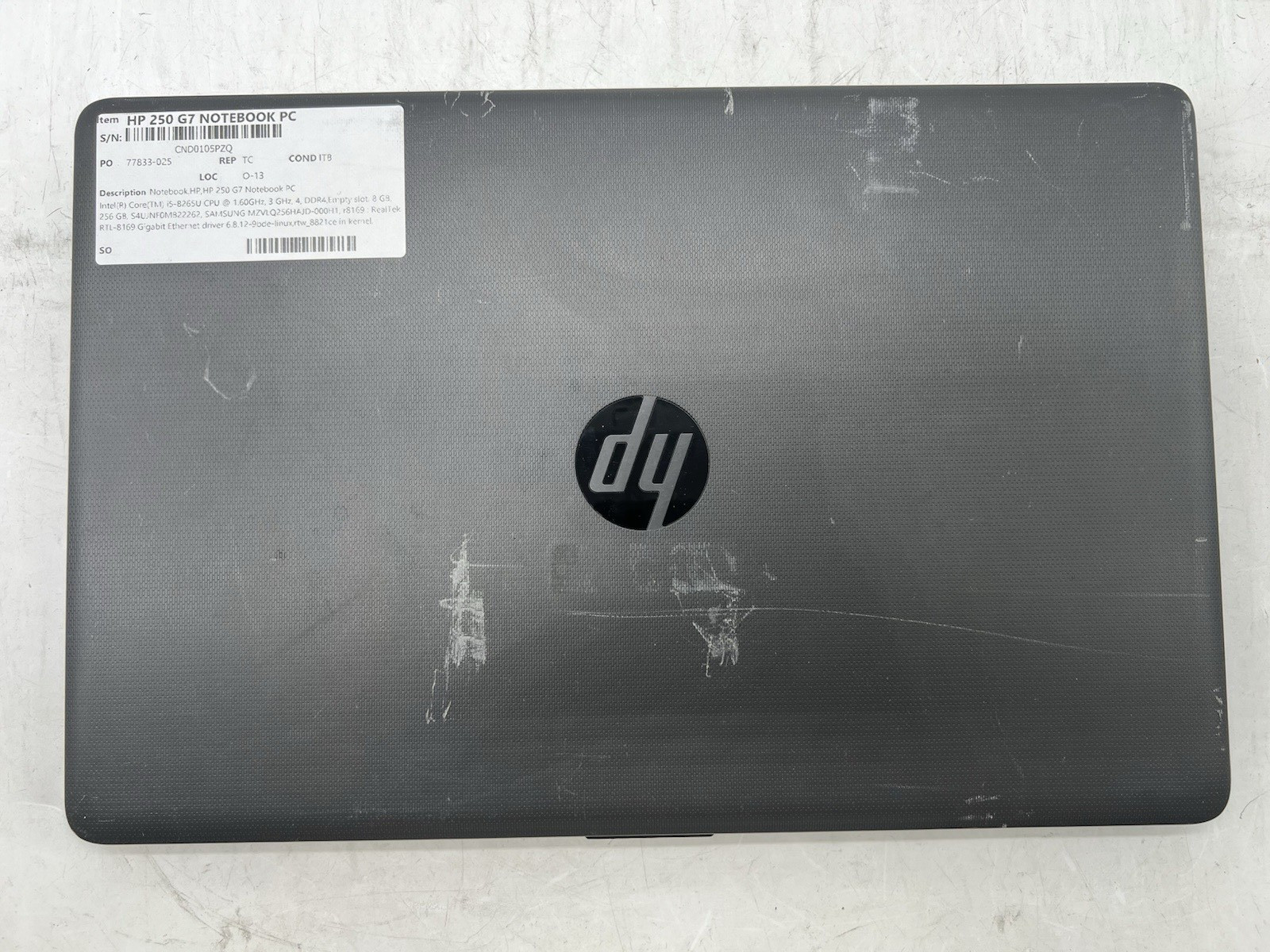 HP 250 G7 Notebook, i5-8265U CPU, @ 1.60GHz, 8GB RAM, 256GB NVMe-No OS/Charger