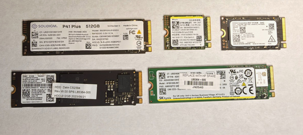 LOT OF 5 512GB PCIe NVMe SSD M.2 SATA NVME MIXED LOTS  Major Brands