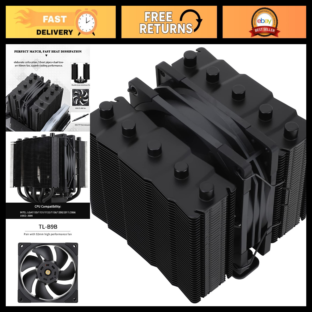 High-Performance CPU Cooler, Dual Tower Design, 5 Heat Pipes, 110MM Fan, AMD/Int