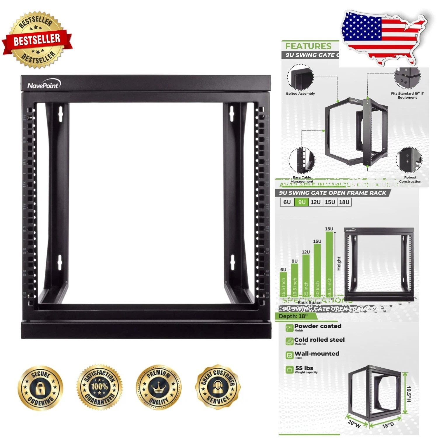 Space Saving 9U Rack 19" IT/AV 18" Deep Alloy Steel Black Mount