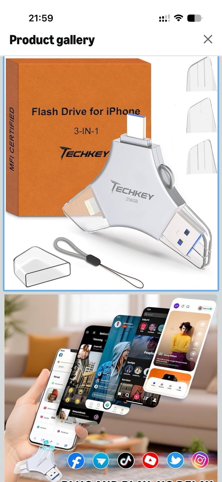 USB Flash Drive for iPhone/iPad, MFi Certified 3in1, 256GB, Silver