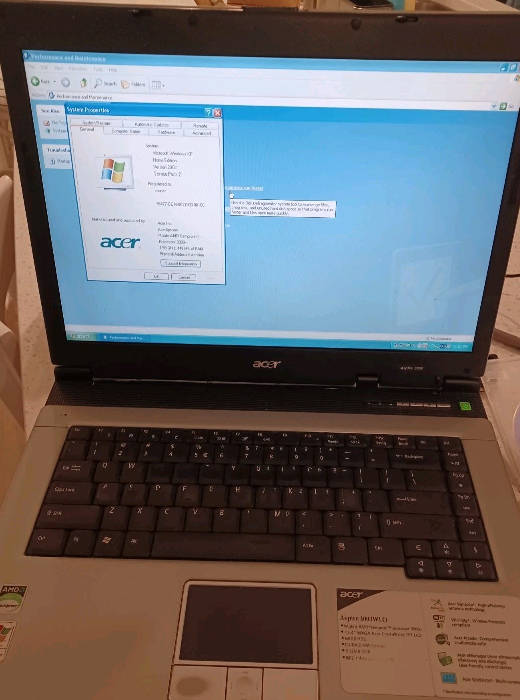 Acer Aspire 3004WLCi AMD Mobile Sempron 3100+ 1800MHz 447 MB - Works-