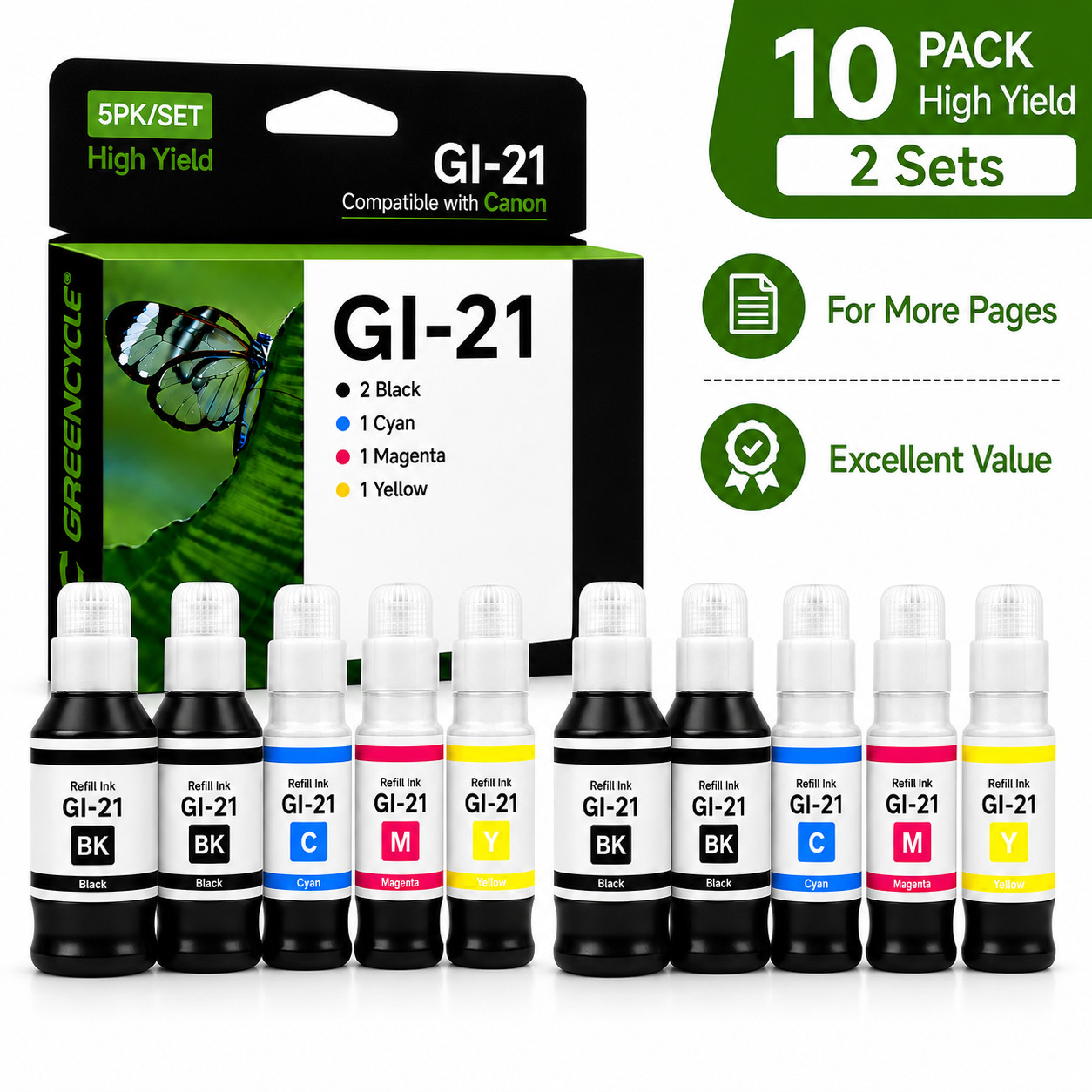 2 Sets 5PK GI21 Printer Ink Bottles for Canon PIXMA G3270 G3290 G4280 G1230