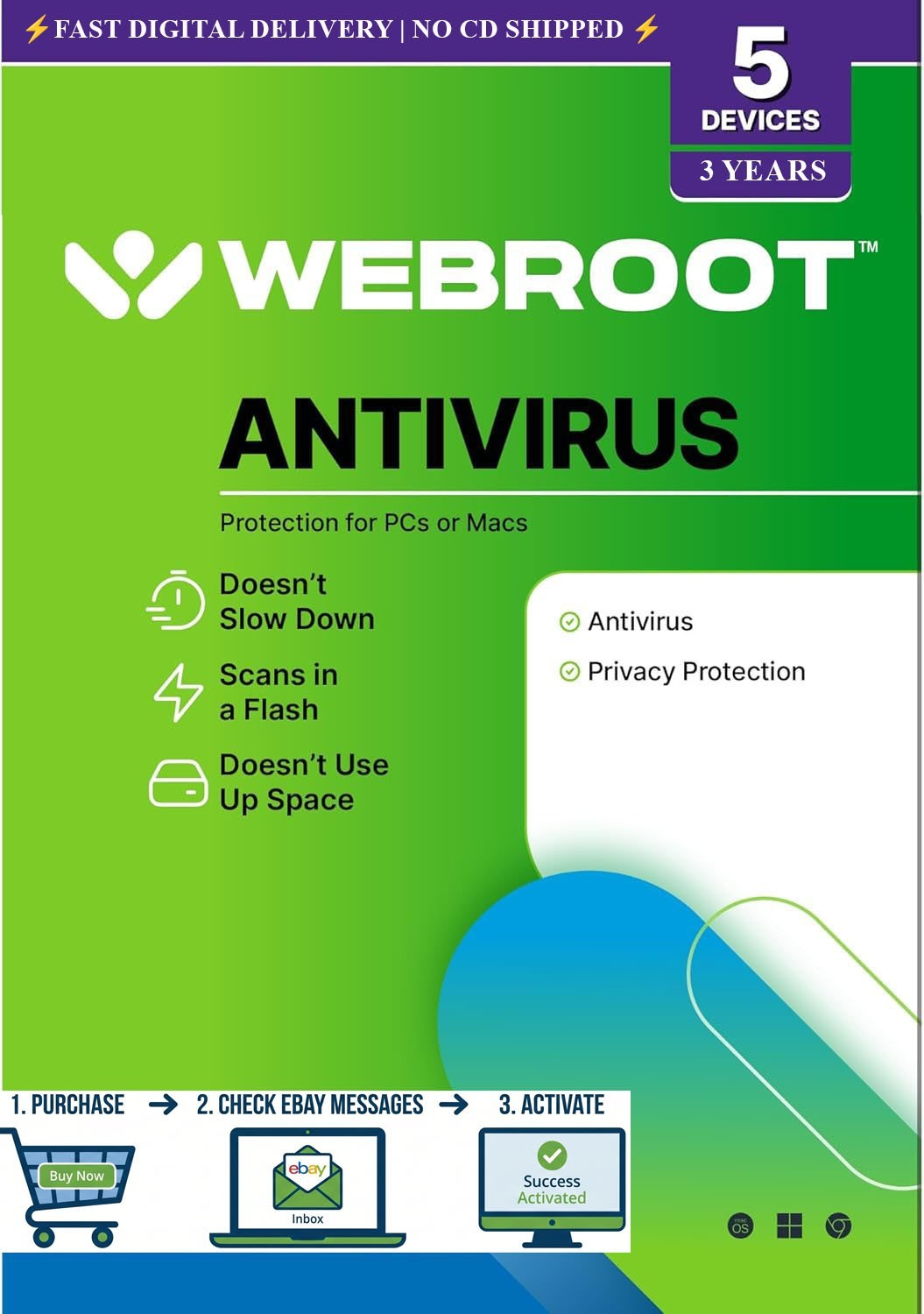 🔥 Webroot Antivirus 2026 | ONLINE KEY (NO CD) | 3 Year License, 5 PC/Mac