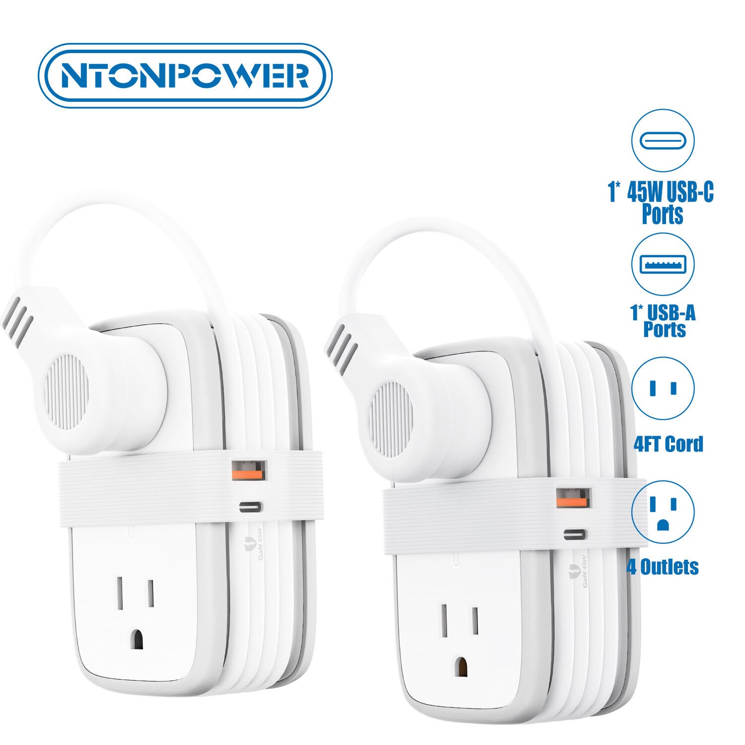 2 Pack Travel Power Strip Bar GaN 45 W USB C Ports 4 Outlets 2 USB Port 4ft Cord