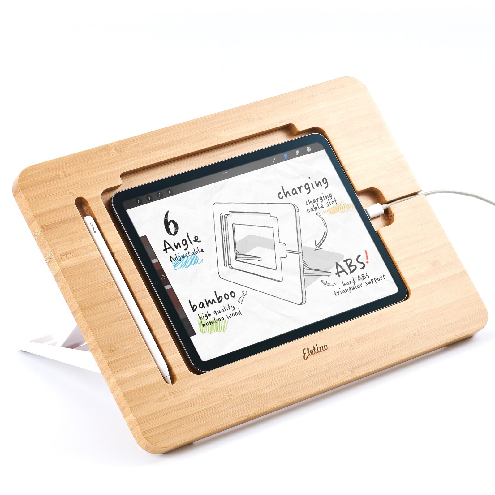 ELETIUO Adjustable Tablet Stand with Pencil&Charger Cable Slot,Bamboo Wooden ...