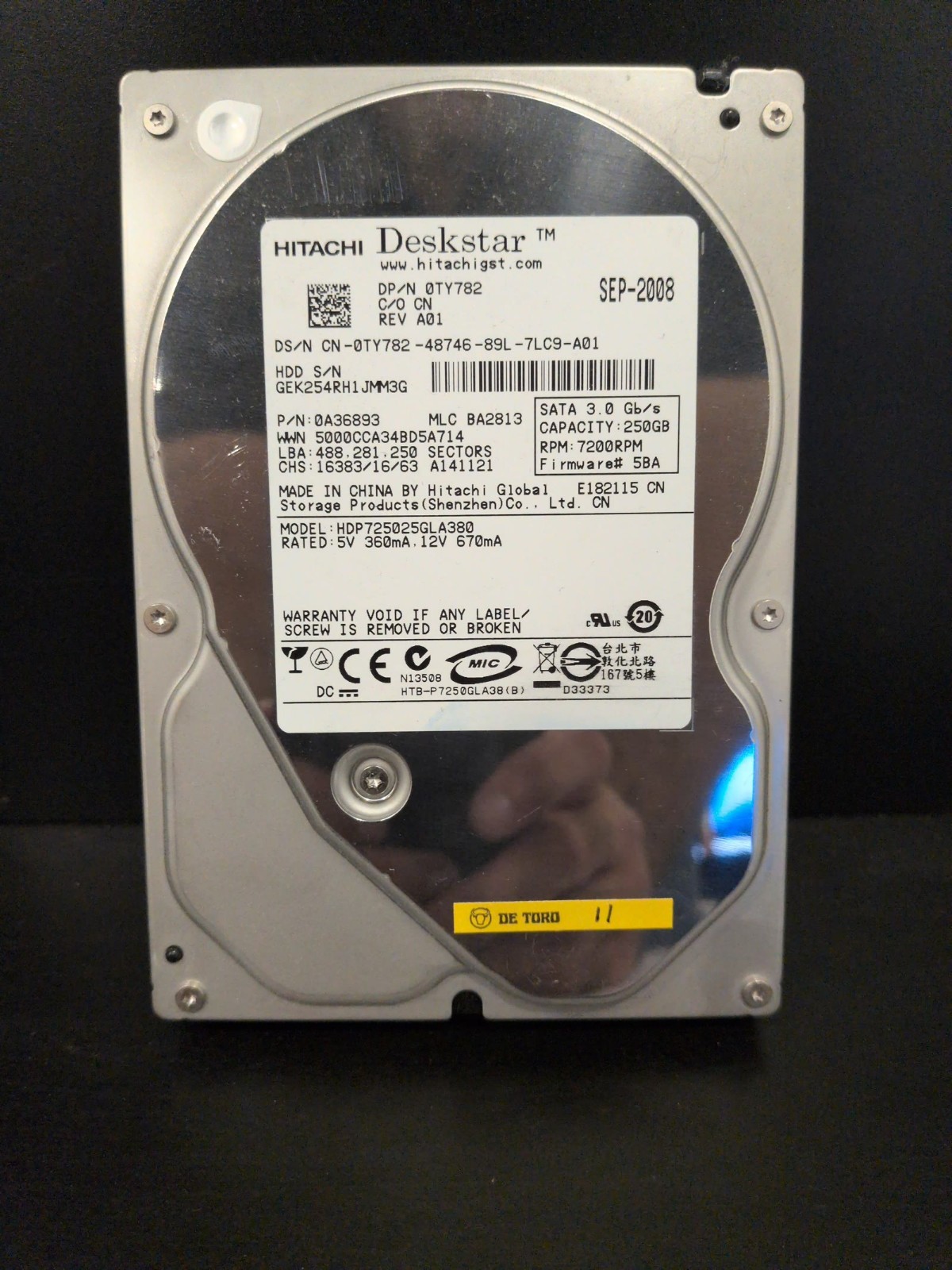 Hitachi Deskstar 250GB HDD HDP725025GLA380 SATA 7200RPM 3.5" Used