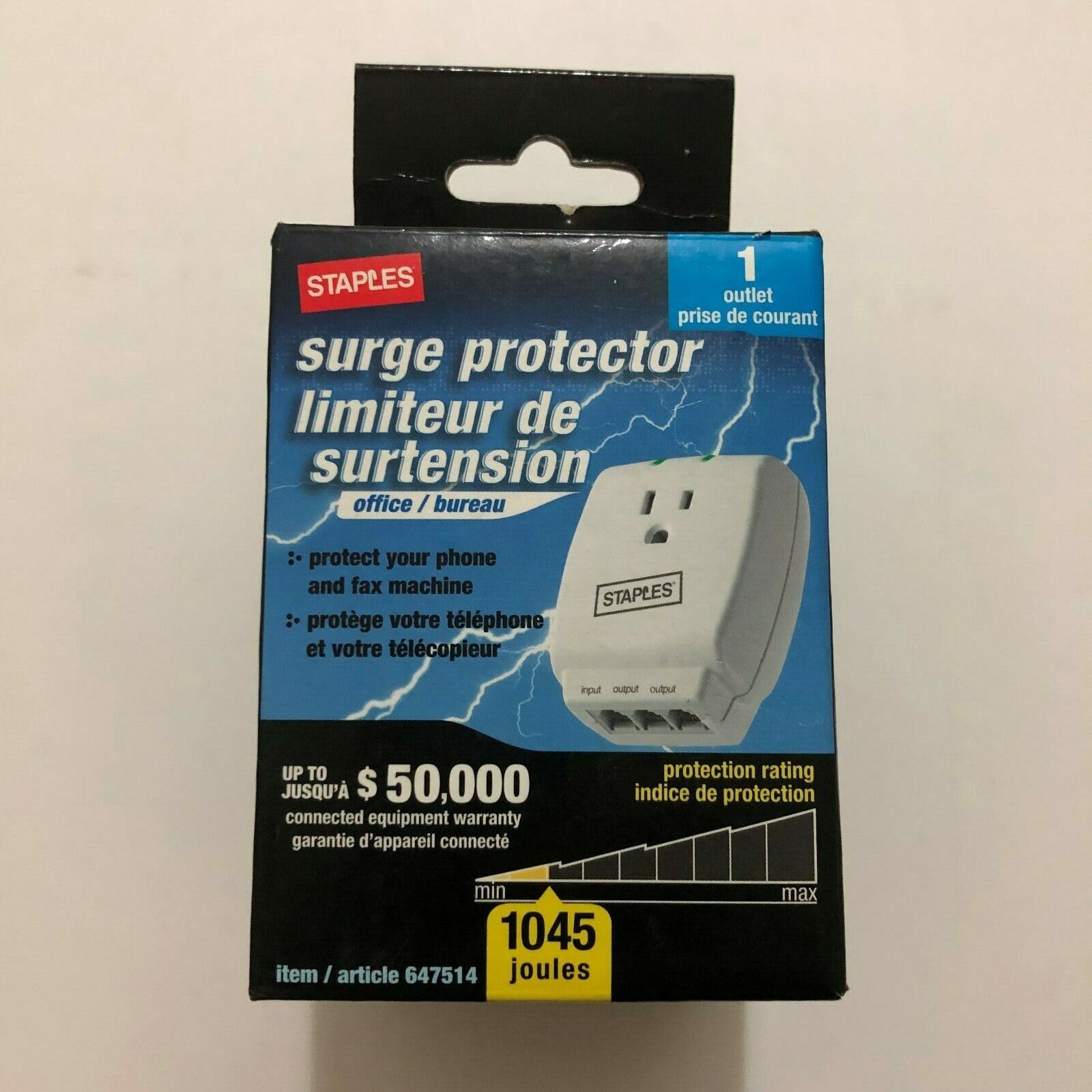 NEW STAPLES SINGLE OUTLET 1045 J OFFICE PHONE FAX MODEM SURGE PROTECTOR 647514