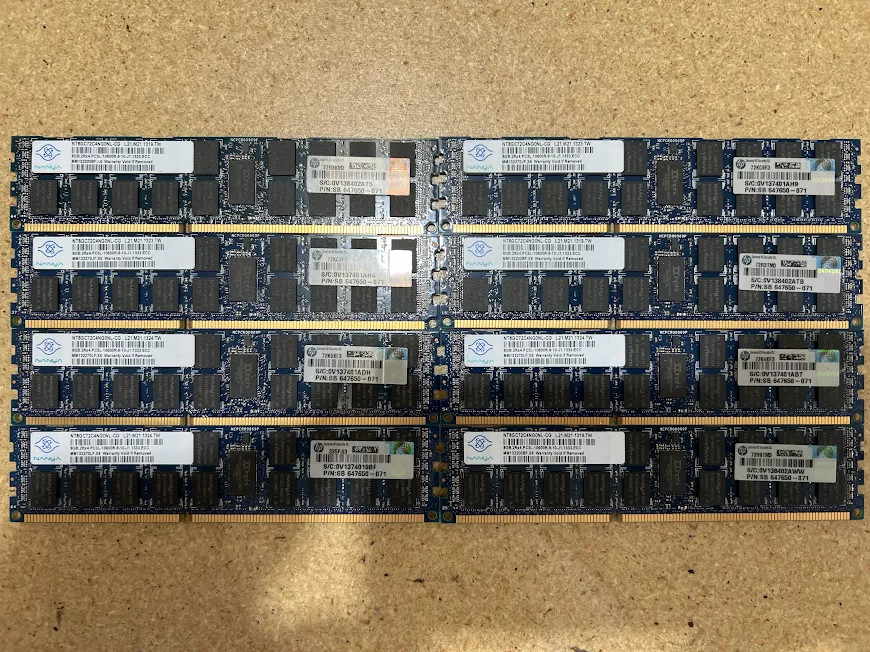 LOT OF 8-Nanya NT8GC72C4NG0NL-CG 8GB 2Rx4 PC3L-10600R (8X8=G4GB) ECC Server RAM