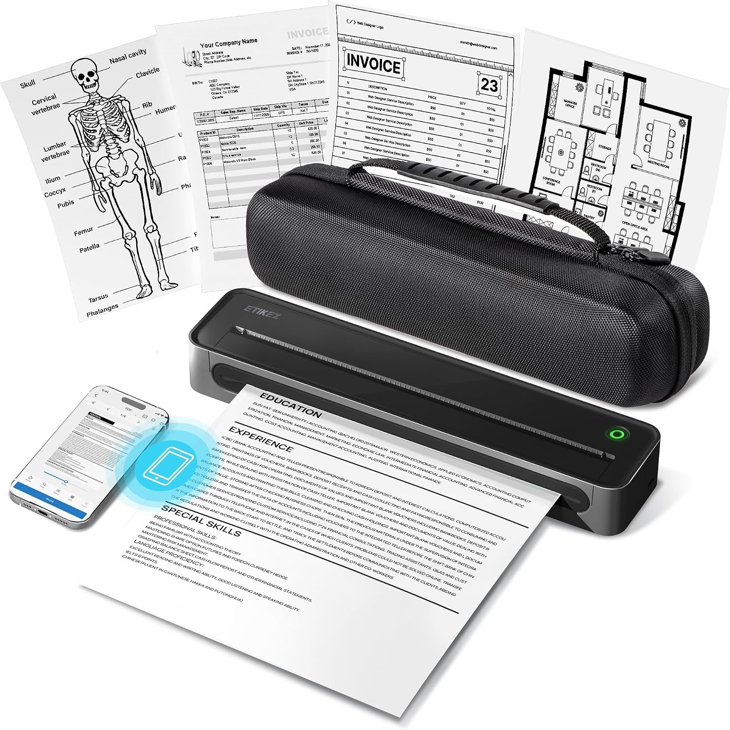 D90E Inkless Portable Thermal Printer W/ Case – 8.5" x 11" Black